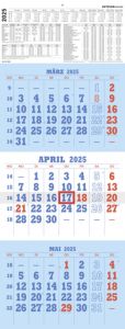 3-Monatskalender blau/rot 2025 - 29,7x78 - mit Kopftafel - gefaltet - Datumsschieber - 952-0000  4006928025817